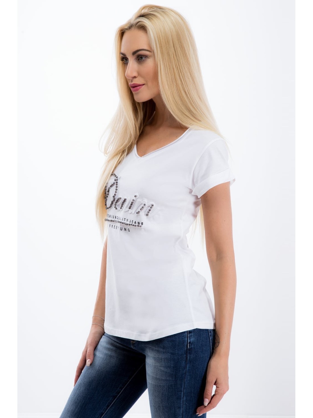 Weißes T-Shirt mit Perlen 8208 – Online-Shop – Boutique